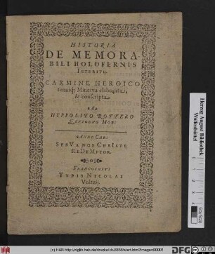 Historia De Memorabili Holofernis Interitu : Carmine Heroico tenuiq[ue] Minerva elaborata, & conscripta