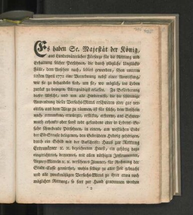 [Placat wegen Rettung der durch plötzliche Unglücks-Fälle, dem Anschein nach, leblos gewordenen Persohnen.]