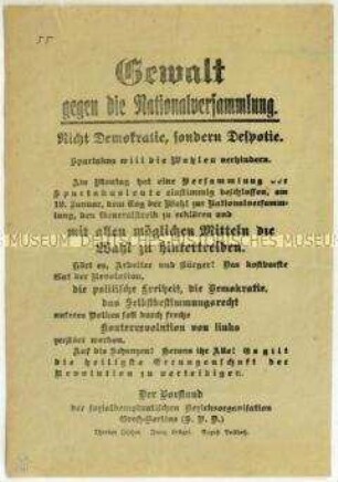 Aufruf der SPD zur Verhinderung eines vom Spartakusbund geplanten Generalstreiks gegen die Wahl zur Nationalversammlung 1919