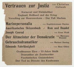 Vertrauen zur Justiz von Christian Geheeb. [Vermutlich Berlin]