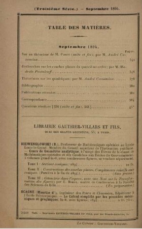 Table des matières. Septembre 1894.