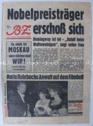 Fragment der Tageszeitung "BZ" u.a. zum Freitod von Ernest Hemingway
