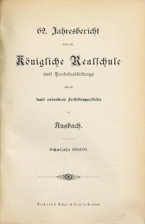 Jahresbericht über die Realschule mit Handelsabteilung zu Ansbach. 1894/95