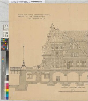 Neubau des Empfangsgebäudes [Bahnhof] Gelsenkirchen: Ansicht vom Bahnsteig, M.~1:50 Hge, Sknr.: 1, Fanr.: 14, Bunr.: 9