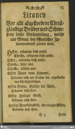 Litaney Vor alle abgestorbene Christgläubige Brüder und Schwestern dieser Versammlung, welche alle Monat bey öffentlicher Zusammenkunft gebetet wird