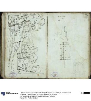 Landschaft mit Bäumen und Gebäude / Kastellartiges Gebäude, Gewölbe