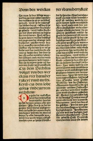 Czu dem Sechsten volget von den werckenn yrer barmhertzikeyt unnd myldikeyth czu dem lobe gotes/ und czu yrem nechstenn.