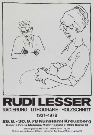 Ausstellungsplakat "Radierung Lithografie Holzschnitt" des Künstlers Rudi Lesser, 1978