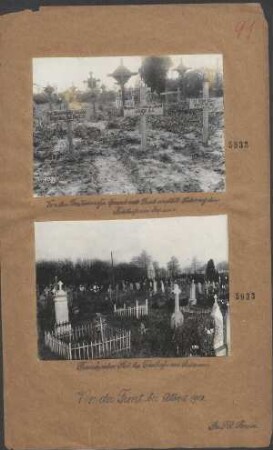 Von den Deutschen für Freund und Feind errichtete Gräber auf dem Friedhofe von Bapaume