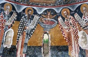 Basileos der Große und Johannes Chrysostomos. In der Bildmitte: Melismosdarstellung