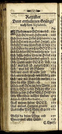 Register Derer enthaltenen Gesänge/ nach dem Alphabeth.