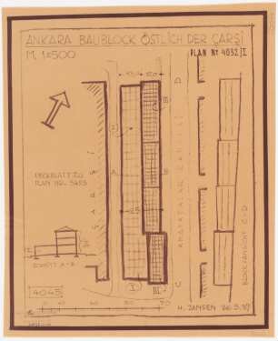 Gesamtbebauungsplan Ankara Teilbebauungsplan innere Stadt: Lageplan, Querschnitt und Ansicht 1:500, Anafartalar Caddesi, Baublock östlich entlang der Markthalle