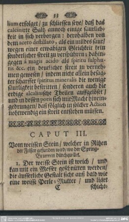 Caput III. Vom weissen Stein, welcher in Ritzen der Felsen gefunden wird, wo der Spring-Brunnen durchquellet