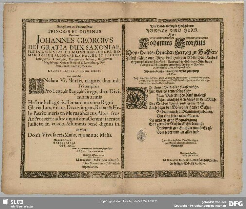 Serenissimus ac potentißimus princeps et dominus dominus Johannes Georgius dei gratia dux Saxoniae ... Anagrammatitheis