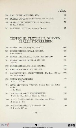 Teppiche, Textilien, Spitzen, Perlenstickereien (Nr. 388-436)
