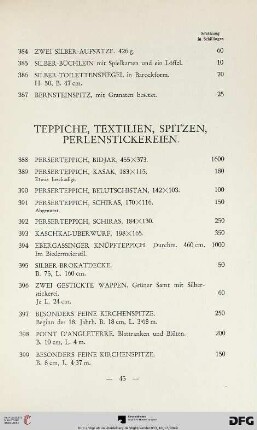 Teppiche, Textilien, Spitzen, Perlenstickereien (Nr. 388-436)