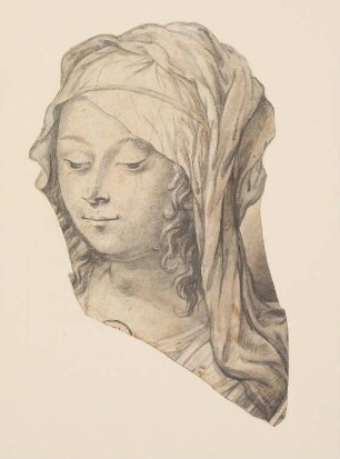 Weiblicher Kopf mit Schleier und Kopftuch (Kopf einer Madonna?)