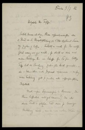 Nr. 1: Brief von Hubert Ermisch an Ferdinand Frensdorff, Dresden, 9.7.1882
