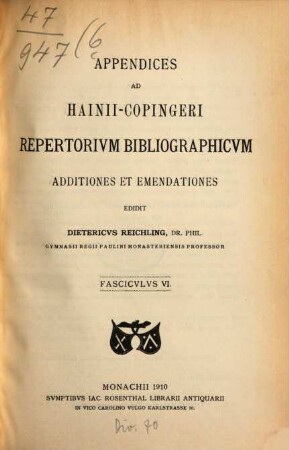 Appendices ad Hainii-Copingeri repertorium bibliographicum : Additiones et emendationes, 6
