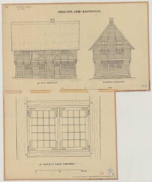 Neuwarendorf (Kreis Warendorf): Hof Schulte Bockholt. - Speicher und Backhaus (Nordansicht, Ostansicht). - Fenster im Speicher (Ansicht)