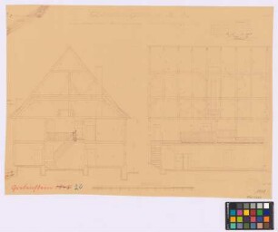 Grebenstein ([Landkreis Hofgeismar]): Bahnhofstraße 39, Altes Ackerbürgerhaus. Ackerbürgerhaus (Querschnitt, Längsschnitt)