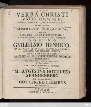 Verba Christi Matth. XIX, 28. 29. 30. Variis Observationibvs Philologicis Illvstrata : Dissertatio Phililogica