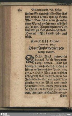 Das XXII. Capitel. Von der 15. Frage: Ob die Außerwehlten verdampt werden