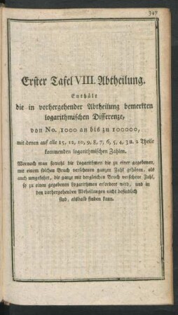 Erster Tafel VIII. Abtheilung. Enthält die in vorhergehender Abtheilung bemerkten logarithmischen Differenze, ...