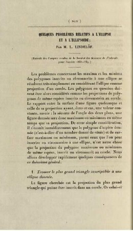 Quelques problèmes relatifs a l'ellipse et a l'ellipsoide.