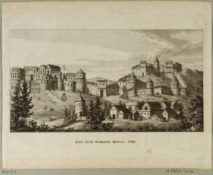 Das alte Schloss (Burg) in Dohna, südöstlich von Dresden, 1402 größtenteils zerstört, aus den Abbildungen zur Chronik Dresdens von 1835