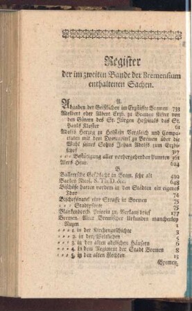 Register der im zweiten Bande der Bremensium enthaltenen Sachen