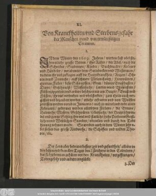 XI. Von Kranckheiten und Sterbensgefahr der Menschen unnd unvernünfftigen Creaturen.