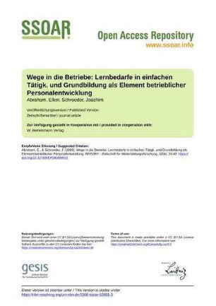 Wege in die Betriebe: Lernbedarfe in einfachen Tätigk. und Grundbildung als Element betrieblicher Personalentwicklung