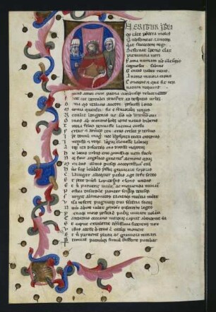Textseite mit Initiale und Schmuckleiste, fol. 138v : Ovidii metamorphoseon libri XV., Textseite mit Initiale und Schmuckleiste, fol. 138v, Italien, 14. Jh. Pergament, Wasserfarben, Blattgold, Tinte; 24 x 16,2 cm (Blattgröße). Dresden: SLUB Mscr.Dresd.Dc.144