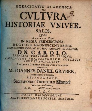 Exercitatio Academica De Cvltura Historiae Vniversalis