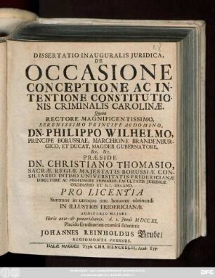 Dissertatio Inauguralis Juridica, De Occasione Conceptione Ac Intentione Constitutionis Criminalis Carolinæ