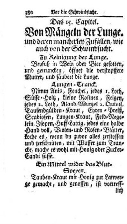 Das 15. Capitel. Von Mängeln der Lunge und deren mancherley Zufällen, wie auch von der Schwindsucht.