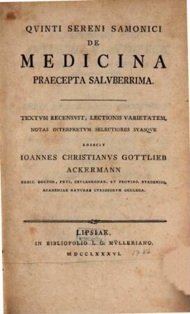 Qvinti Sereni Samonici De Medicina Praecepta Salvberrima