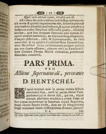 Pars Prima. Pro Actione supernaturali, perorante D. Henschel.