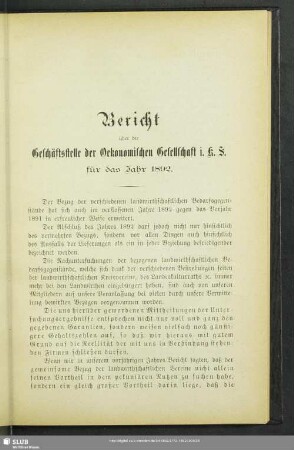 Bericht über die Geschäftsstelle der Oekonomischen Gesellschaft i. K. S. für das Jahr 1892
