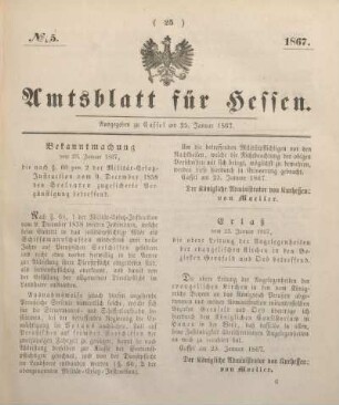 № 5. Ausgegeben zu Cassel am 25. Januar 1867.