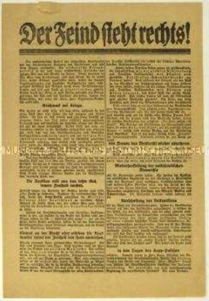 Flugblatt der SPD gegen die Deutschnationale und die Deutsche Volkspartei und Aufruf zur Reichstagswahl 1920