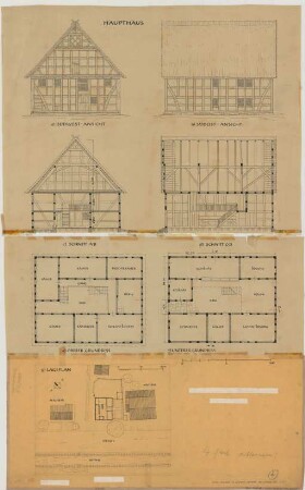 Nieder-Netphen (Kreis Siegen): Hof Wickel. - Lageplan. - Haupthaus (Grundrisse, Ansichten, Schnitte)