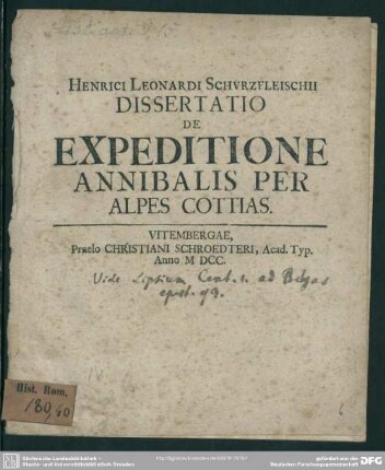 Henrici Leonardi Schurzfleischii dissertatio De expeditione Annibalis per Alpes Cottias