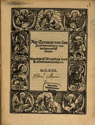 Ain Sermon von sant Jacob dem meerern, vnd hailigen zwölfbotten : Gepredigt zu Wittemberg
