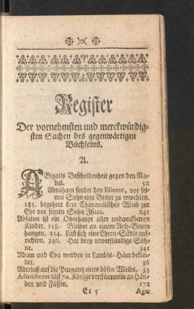 Register Der vornehmsten und merckwürdigsten Sachen des gegenwärtigen Büchleins