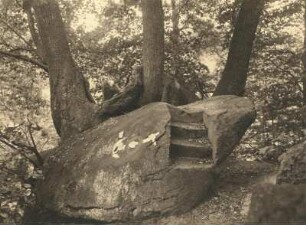Spreetal. Oehnaer Skala. Gletscherüberschliffene Granitklippe mit eingeschlagenen Stufen vor drei alten Winterlinden
