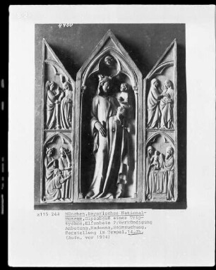 Gipsabguss eines Triptychons, Elfenbein?: Verkündigung, Madonna, Heimsuchung, Darstellung im Tempel, 14. Jahrhundert