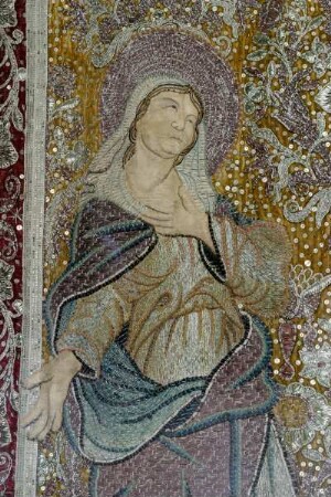 Frankreich. Bretagne. Finistere. Locmelar. Kirche 16 bis 17 Jahrhundert. Banner mit Gold und Silberfäden. Detail