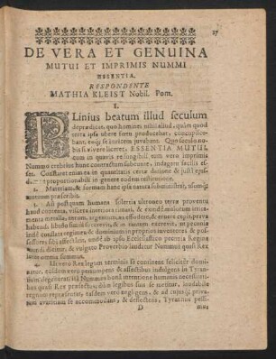 De Vera Et Genuina Mutui Et Imprimis Nummi Essentia. Respondente Mathia Kleist Nobil. Pom.